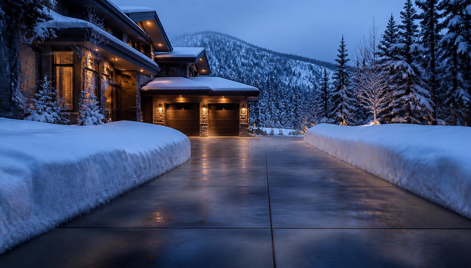 Snow-free heated concrete driveway between deep snow banks